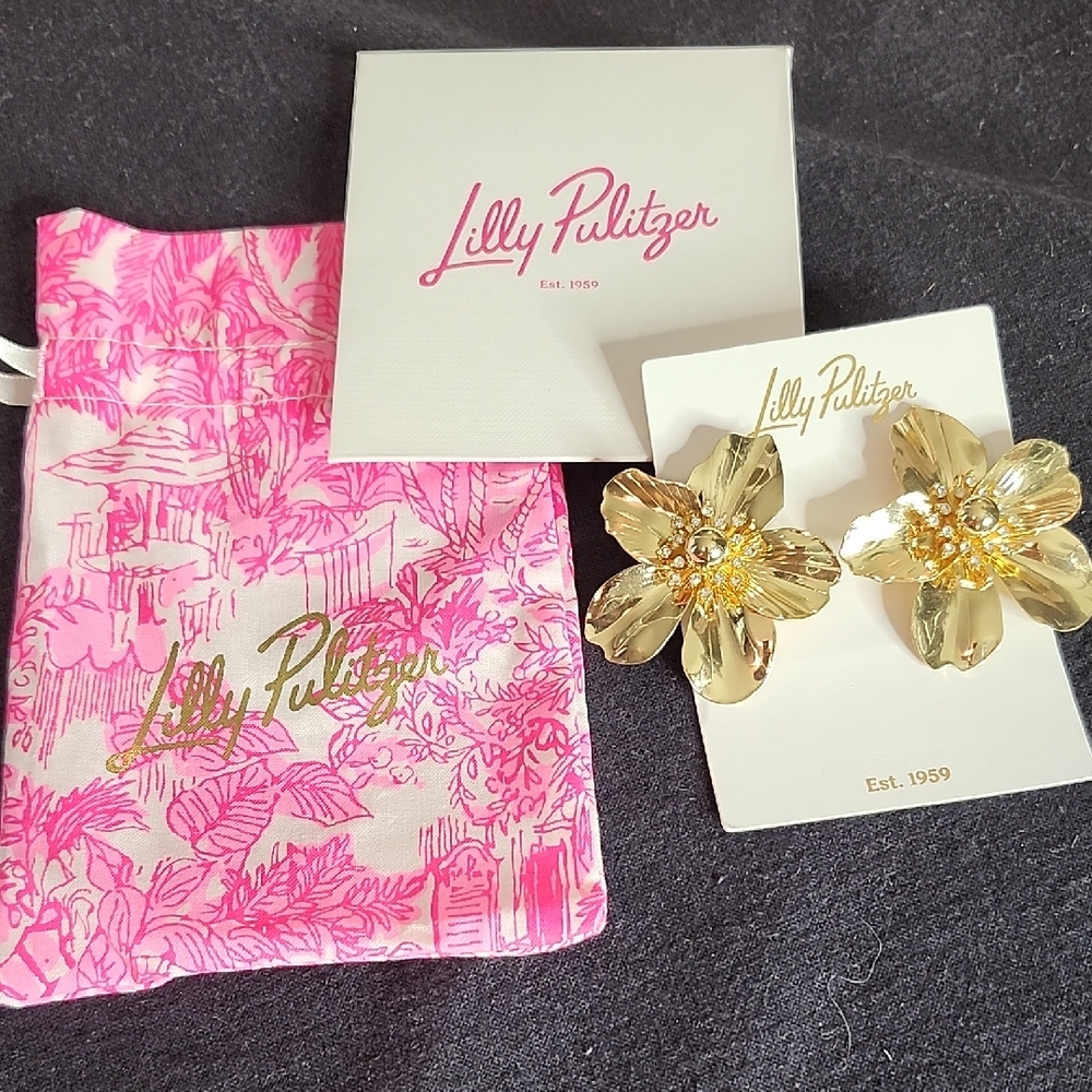 NWT Lilly Pulitzer Oversized Orchid Stud Earrings - Gold Metallic With Gift Bag